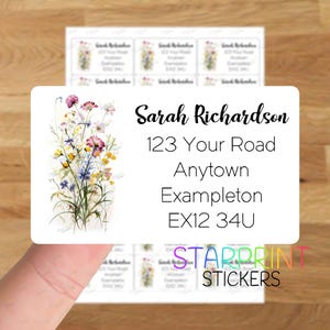 May include: Rectangular white address labels with a watercolour floral design. The labels display the name "Sarah Richardson" and address details. The bottom right corner of the label has the text "STARPRINT STICKERS".