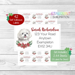 Maltese hond gepersonaliseerde kerstretouradreslabels, 42 zelfklevende stickers - set bevat 2 A4-stickervellen (21 per vel)