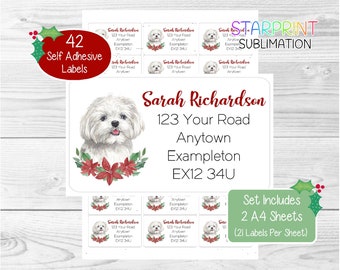 Maltese Dog Personalised Christmas Return Address Labels, 42 Self Adhesive Stickers - Set Includes 2 A4 Sticker Sheets (21 per sheet)