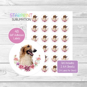 Pegatinas de perro Borzoi, 48 etiquetas redondas (2 hojas A4, 24 por hoja), ideales para sellar sobres, bolsas de fiesta, recuerdos, tarjetas y regalos (N2)