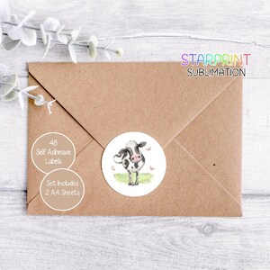 Stickers vache, 48 étiquettes rondes (2 feuilles A4, 24 par feuille), parfaits pour les enveloppes/cadeaux/sacs de fête/cartes/cadeau d'anniversaire/Noël