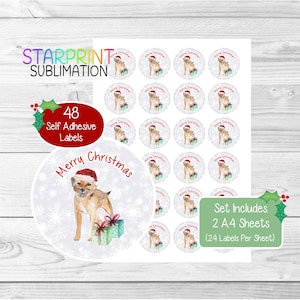 Pegatinas navideñas/sellos para sobres de Border Terrier, 48 etiquetas redondas (2 hojas A4, 24 por hoja), para bolsas de fiesta, tarjetas y regalos.