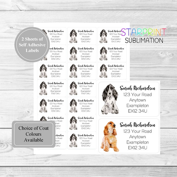 Cocker Spaniel (Blue Roan/Gold) Dog Personalised Address Labels, 42 Self Adhesive Stickers - Includes 2 A4 Sticker Sheets (21 per sheet)