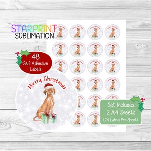 Pegatinas navideñas/sellos para sobres de perro Vizsla Húngaro, 48 etiquetas redondas (2 hojas A4, 24 por hoja), para bolsas de fiesta, tarjetas y regalos.