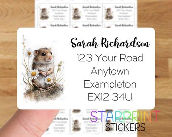 Mouse Personalised Address Labels, 21 Custom Self Adhesive Stickers - A4 Sticker Sheet (21 labels per sheet) Watercolour Rodent fun gift tag