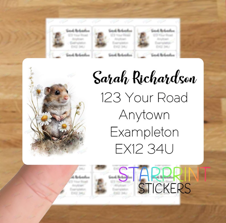 Mouse Personalised Address Labels, 21 Custom Self Adhesive Stickers A4 Sticker Sheet 21 labels per sheet Watercolour Rodent fun gift tag image 1