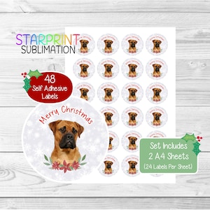 Pegatinas navideñas/sellos para sobres de Bullmastiff, 48 etiquetas redondas (2 hojas A4, 24 por hoja), para bolsas de fiesta, tarjetas y regalos.