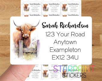 Highland Cow Personalised Address Labels, 21 Custom Self Adhesive Stickers - A4 Sticker Sheet (21 labels per sheet) Presents Present