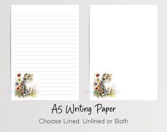 Kitten A5 Writing Paper, 10 Sheets with/without Envelopes, Lined/Unlined, Cat Note Paper, Penpal Stationery, Letter Writing Set