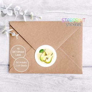 Stickers poires, 48 étiquettes rondes (2 feuilles A4, 24 par feuille), parfaits pour les enveloppes, les produits, les cadeaux, les sacs de fête, les cartes, les cadeaux