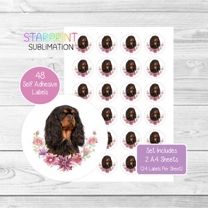 Pegatinas de Cavalier King Charles Spaniel (negro y canela), 48 etiquetas redondas (2 hojas A4, 24 por hoja), para sellar sobres, bolsas de fiesta, regalos y tarjetas
