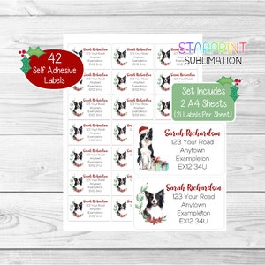 Bordercollie gepersonaliseerde kerstadresetiketten, 42 zelfklevende stickers (2 A4-stickervellen, 21 per vel) - keuze uit ontwerpen
