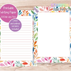 Papel para escribir imprimible con diseño de hojas brillantes/Papel para notas de descarga digital/Papel de descarga instantánea tamaño A5/Carta de EE. UU./Juego de papelería descargable