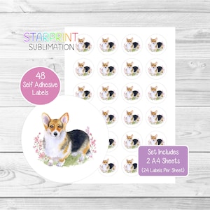 Corgi-stickers, 48 ronde labels (2 A4-vellen, 24 per vel), ideaal voor enveloppen/feestzakjes/gunsten/kaarten/cadeaus