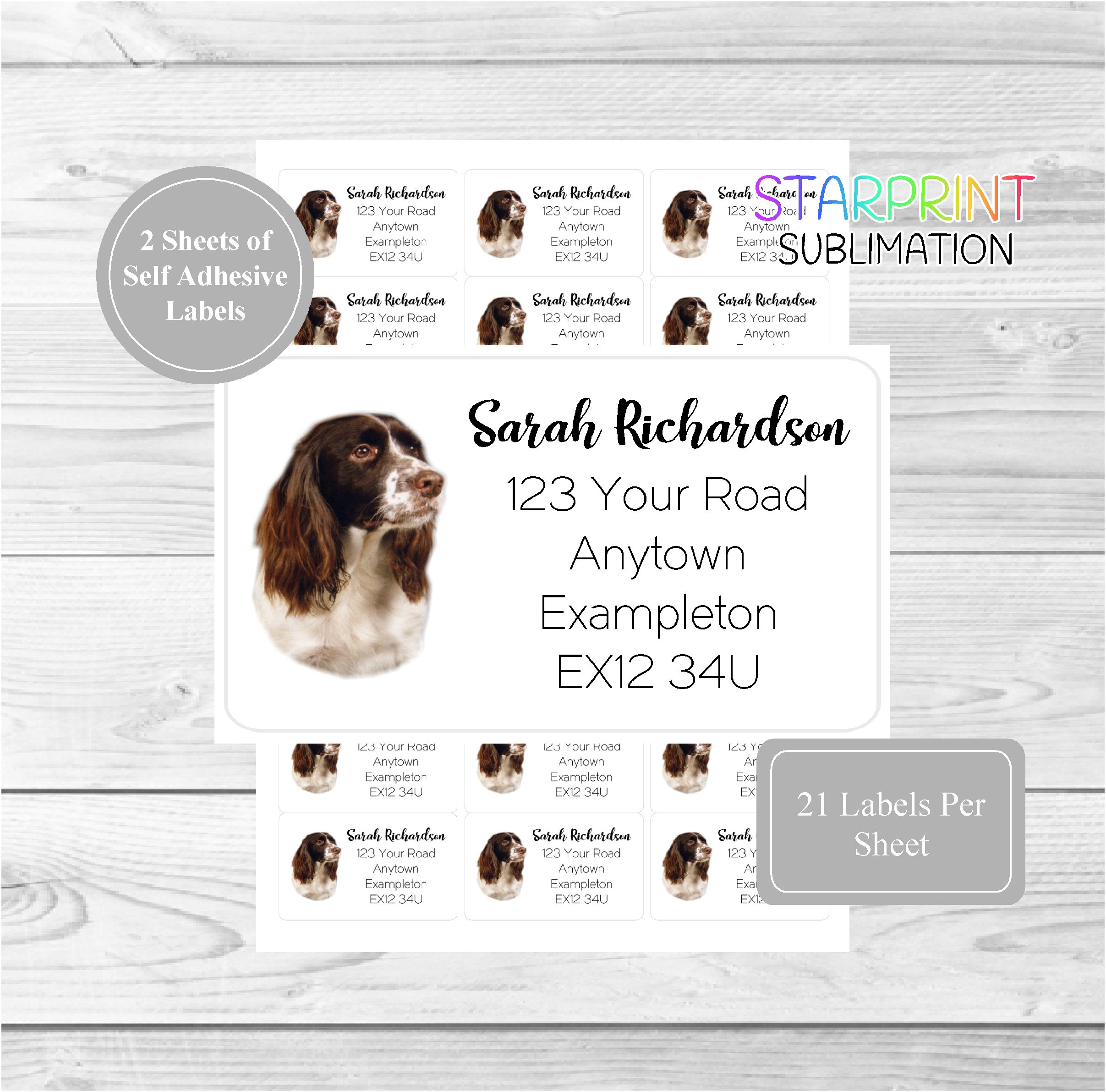 English Springer Spaniel Personalised Address Labels, 42 Custom Self Adhesive Return Stickers - Set Includes 2 A4 Sheets (21 per sheet)