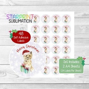 Pegatinas navideñas/sellos para sobres de perro Cairn Terrier, 48 etiquetas redondas (2 hojas A4, 24 por hoja), para bolsas de fiesta, tarjetas y regalos.