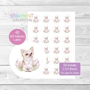 Pegatinas para perro chihuahua (de pelaje largo), 48 etiquetas redondas (2 hojas A4, 24 por hoja), ideales para sellar sobres, bolsas de fiesta, recuerdos, tarjetas y regalos.