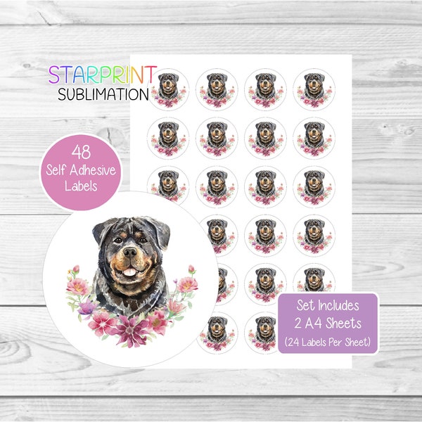 Rottweiler Dog Stickers, 48 Round Labels (2 A4 Sheets, 24 Per Sheet), Great For Envelope Seals/Party Bags/Favors/Cards/Gifts Presents
