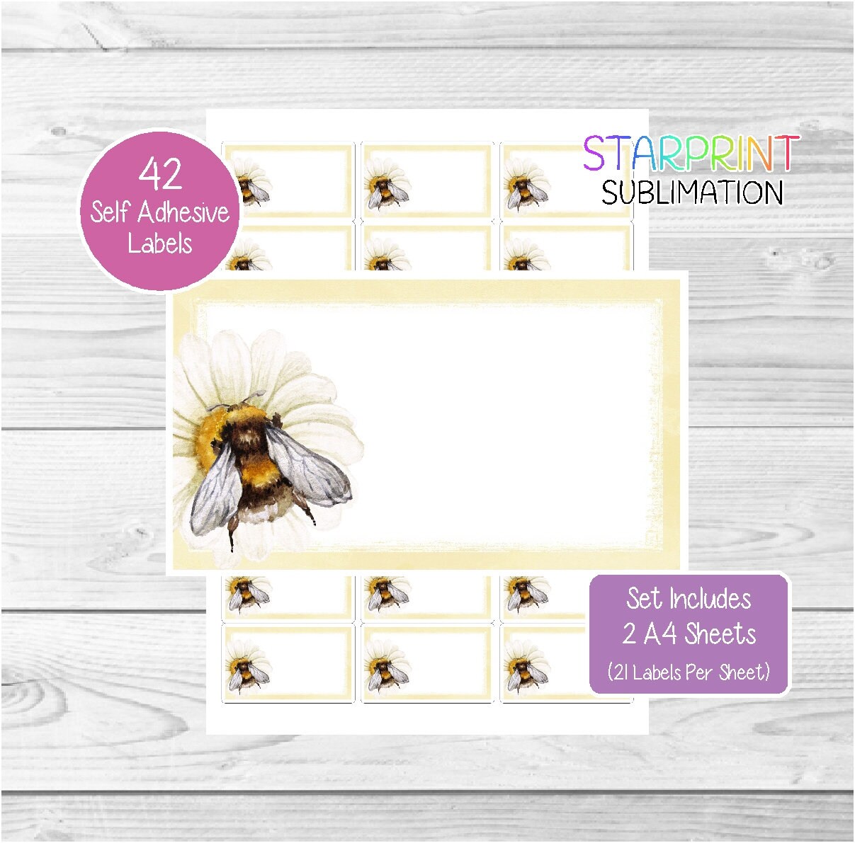Bumblebee/Bee Labels, 42 Self Adhesive Multi Purpose Stickers (2 A4 Sheets, 21 per sheet) Blank For Address Labels/Gift Tags/Party Bags