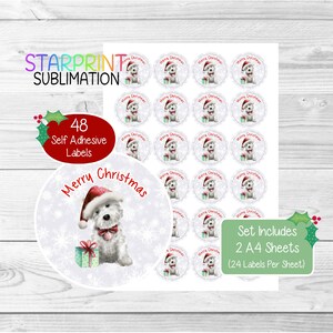 West Highland White Terrier/Westie Weihnachtsaufkleber, 48 runde Etiketten (2 A4-Bögen, 24 pro Bogen) Für Partytaschen/Karten/Geschenke