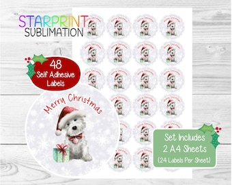 West Highland White Terrier/Westie Christmas Stickers/Envelope Seals, 48 Round Labels (2 A4 Sheets, 24 Per Sheet) For Party Bags/Cards/Gifts