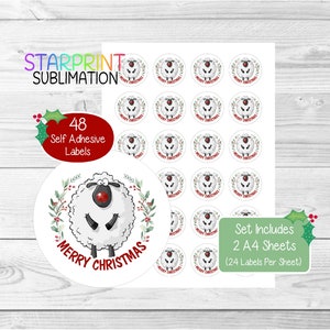 Pegatinas/Sellos para sobres navideños de ovejas, 48 etiquetas redondas (2 hojas A4, 24 por hoja), ideales para tarjetas, regalos y etiquetado de productos.