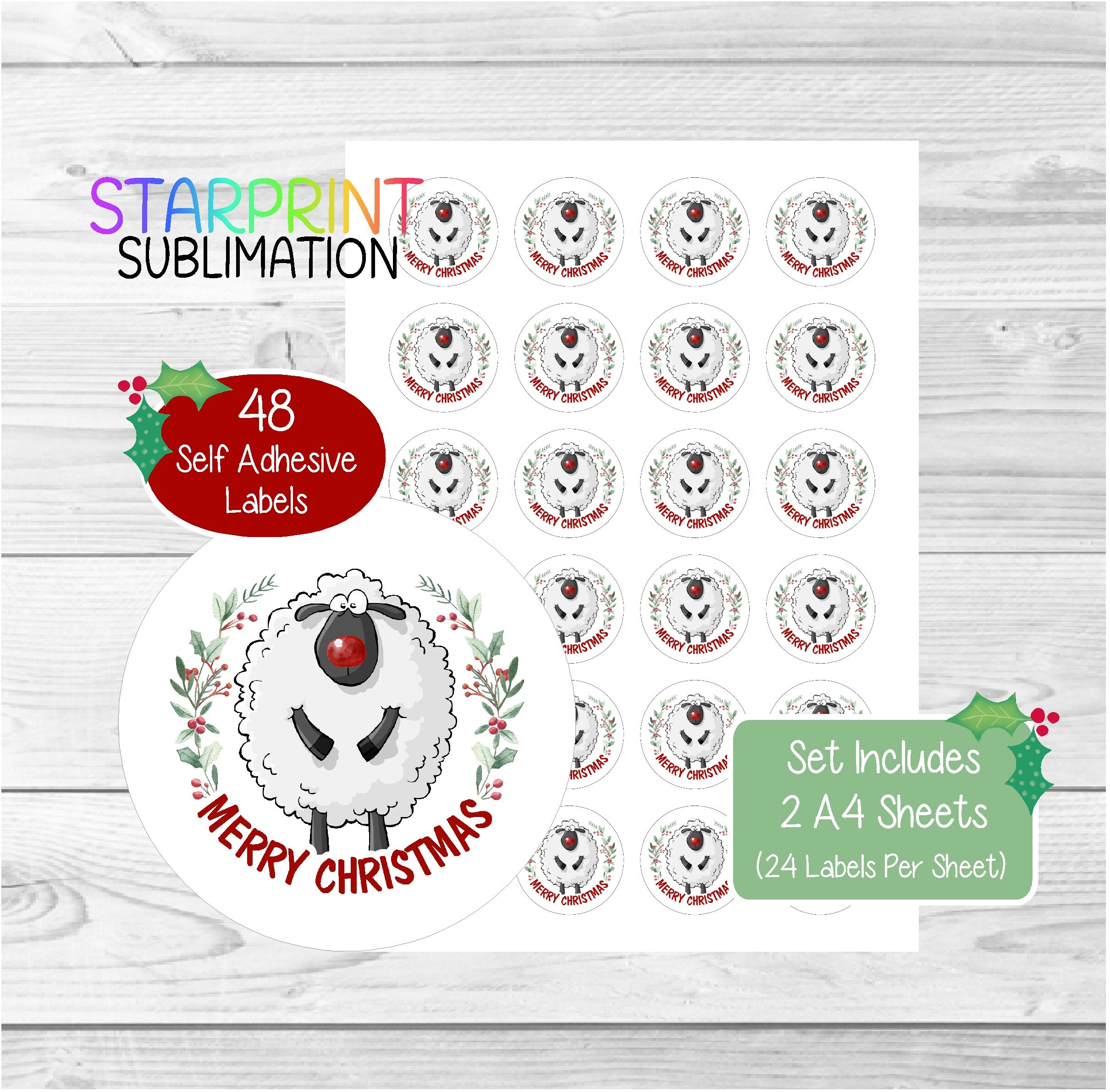 Sheep Christmas Stickers/Envelope Seals, 48 Round Labels (2 A4 Sheets, 24 Per Sheet), Great For Cards/Gifts/Labelling Products