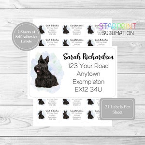 May include: A sheet of 21 self-adhesive labels featuring a watercolor illustration of a black Scottish Terrier. The labels are designed for addressing packages and include the text "Sarah Richardson, 123 Your Road, Anytown Exampleton, EX12 34U".
