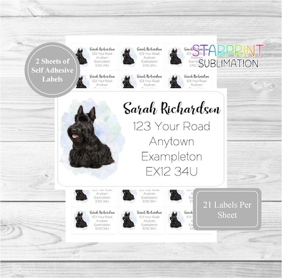 Scottish Terrier Dog Personalised Address Labels, 42 Custom Self Adhesive Stickers - Set Includes 2 A4 Sticker Sheets (21 per sheet) Present