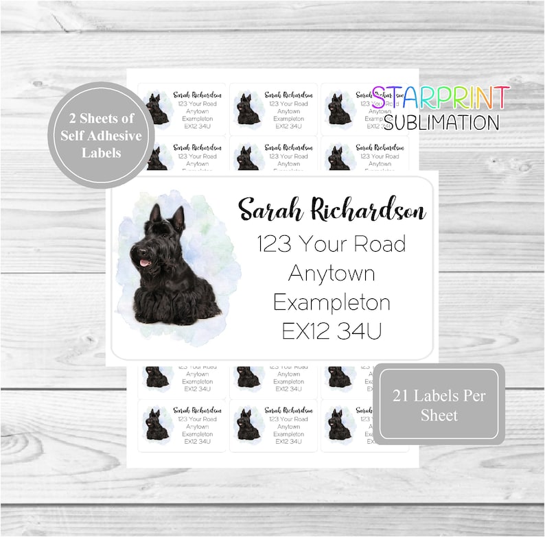 May include: A sheet of 21 self-adhesive labels featuring a watercolor illustration of a black Scottish Terrier. The labels are designed for addressing packages and include the text "Sarah Richardson, 123 Your Road, Anytown Exampleton, EX12 34U".