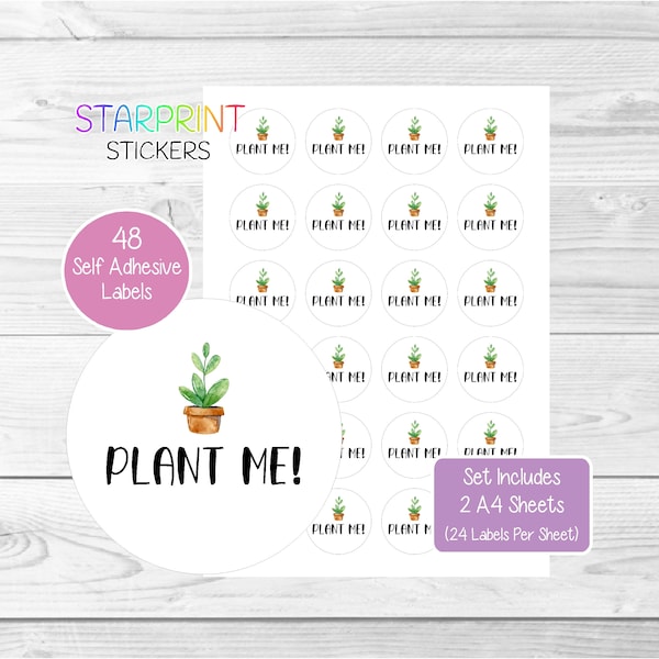 Plant Me Stickers, 48 Round Labels (2 A4 Sheets), Ideal For Seed Packets/Wedding Favours/Funerals/Birthday/Anniversary Celebrations Presents