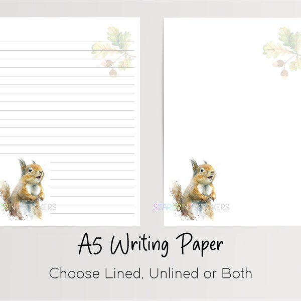 Squirrel A5 Writing Paper, 10 Sheets with/without Envelopes, Lined/Unlined, Woodland Animal Note Paper, Penpal Stationery/Letter Writing Set