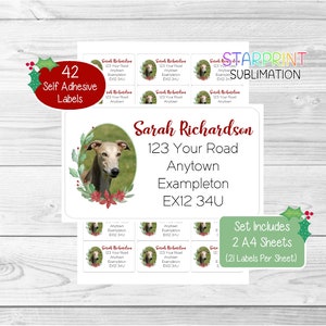 Greyhound-hond Gepersonaliseerde kerstretouradreslabels, 42 zelfklevende stickers - set bevat 2 A4-stickervellen (21 per vel)