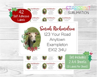 Greyhound Dog Personalised Christmas Return Address Labels, 42 Self Adhesive Stickers - Set Includes 2 A4 Sticker Sheets (21 per sheet)