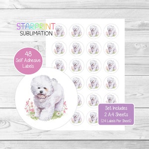 Pegatinas de Bichón Frisé, 48 etiquetas redondas (2 hojas A4, 24 por hoja), ideales para sellar sobres, bolsas de fiesta, recuerdos, tarjetas y regalos.