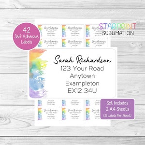 Rainbow Art Personalised Address Labels, 42 Custom Return Stickers, (2 A4 Sheets, 21 per sheet), Watercolour/Artist/Artistic Theme Presents