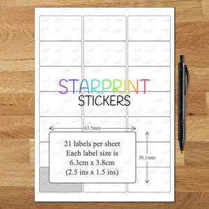 May include: A sheet of 21 white sticker labels with black borders. Each label measures 2.5 inches by 1.5 inches. The sheet is labeled "STARPRINT STICKERS".