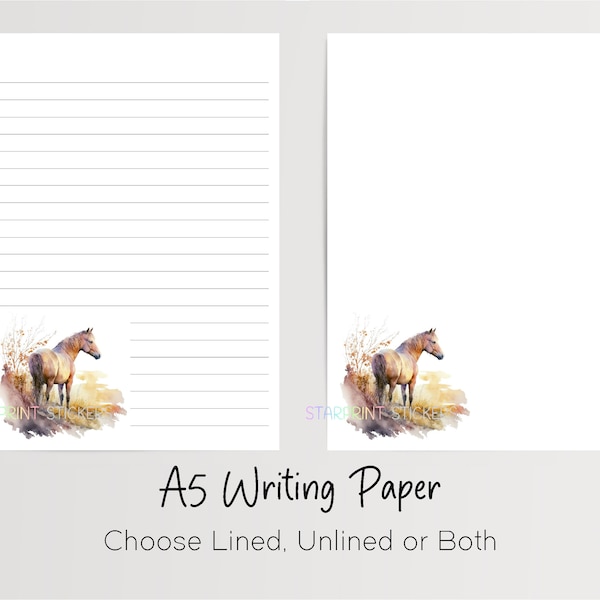 Horse A5 Writing Paper, 10 Sheets with/without Envelopes, Lined/Unlined, Lovely Equestrian Note Paper, Penpal Stationery/Letter Writing Set