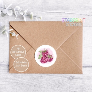 May include: A sheet of 48 self-adhesive labels with a watercolor illustration of three red raspberries on a pink background. The text "Set includes 2 A4 sheets" is printed on the label.
