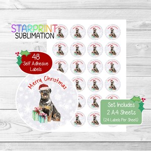 Pegatinas navideñas/sellos para sobres de perro rottweiler, 48 etiquetas redondas (2 hojas A4, 24 por hoja) para bolsas de fiesta, tarjetas y regalos.