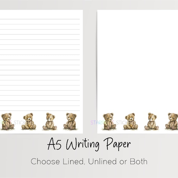 Teddy Bear A5 Writing Paper, 10 Sheets with or without Envelopes, Lined/Unlined, Teddies Note Paper, Penpal Stationery, Letter Writing Set