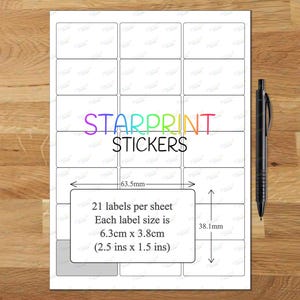 May include: A sheet of 21 white sticker labels with black borders. Each label measures 2.5 inches by 1.5 inches. The sheet is labeled "STARPRINT STICKERS".