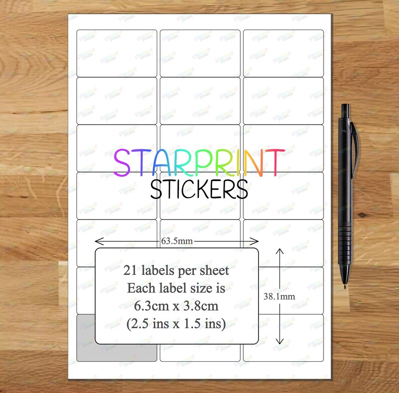 May include: A sheet of 21 white sticker labels with black borders. Each label measures 2.5 inches by 1.5 inches. The sheet is labeled "STARPRINT STICKERS".