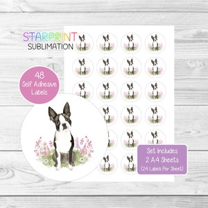 Pegatinas de Boston Terrier, 48 etiquetas redondas (2 hojas A4, 24 por hoja), ideales para sellar sobres, bolsas de fiesta, recuerdos, tarjetas y regalos.