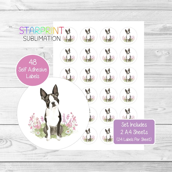 Boston Terrier Dog Stickers, 48 Round Labels (2 A4 Sheets, 24 Per Sheet), Great For Envelope Seals/Party Bags/Favors/Cards/Gifts Presents