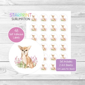 Pegatinas para perro chihuahua (pelo liso), 48 etiquetas redondas (2 hojas A4, 24 por hoja), ideales para sellar sobres, bolsas de fiesta, recuerdos, tarjetas y regalos.