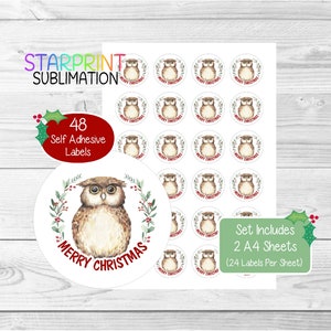 Pegatinas/Sellos para sobres navideños de búho, 48 etiquetas redondas (2 hojas A4, 24 por hoja), ideales para tarjetas, regalos y etiquetado de productos.