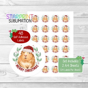 Pegatinas/Sellos para sobres navideños de conejillos de indias, 48 etiquetas redondas (2 hojas A4, 24 por hoja), ideales para tarjetas, regalos y etiquetado de productos.