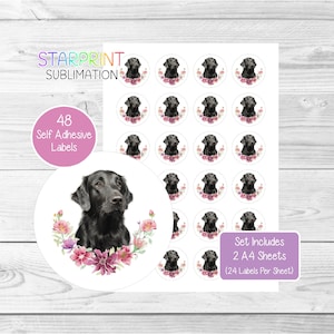 Flatcoated retriever/Flatcoat-stickers, 48 ronde labels (2 A4-vellen, 24 per vel), ideaal voor enveloppen/feestzakjes/gunsten/kaarten/cadeaus