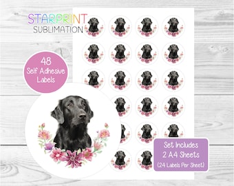 Pegatinas para Flat Coated Retriever/Flatcoat, 48 etiquetas redondas (2 hojas A4, 24 por hoja), ideales para sellar sobres, bolsas de fiesta, recuerdos, tarjetas y regalos.